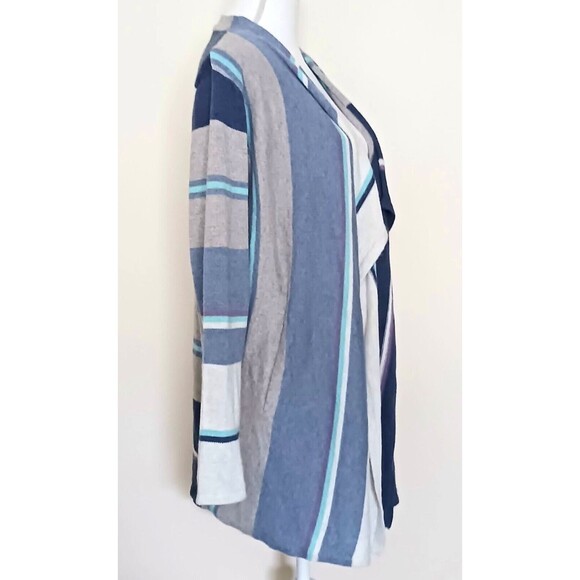 J Jill Cotton Cardigan Gray Blue Stripes Open Drape Front Pockets Sz M - Picture 4 of 7